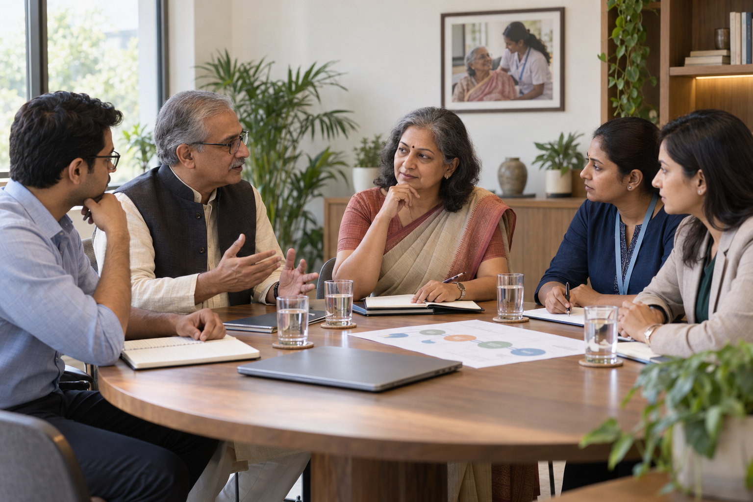 Homecare professionals discussing ideas around a meeting table